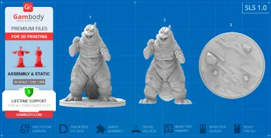 3D printable model of Godzilla in a dynamic pose, with textured skin, on a detailed terrain base.
