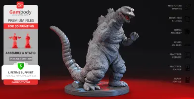 3D model of Godzilla in a dynamic pose, designed for 3D printing, on a display base.