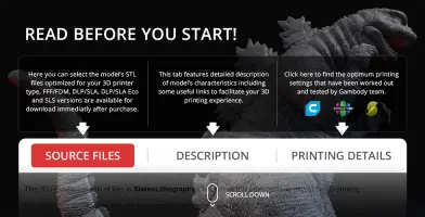 Godzilla 3D model for printing, with source files, description, and printing details on display.