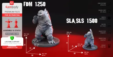 3D printed models of Godzilla in two scales, with dimensions and printing information displayed.
