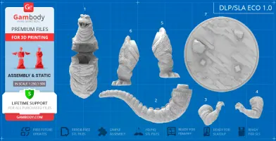 3D printable model of Godzilla, featuring segmented body parts and a round base for assembly.