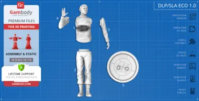 3D printable model of a character, shown in dissected parts: torso, legs, arms, and a round base.