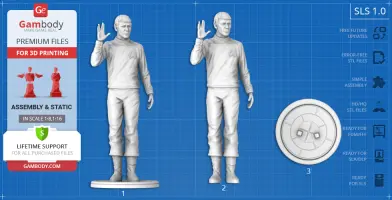 3D printable model of a character in a uniform with a raised hand gesture, including base.
