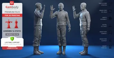 3D model of a character in uniform performing a Vulcan salute; front and side views.