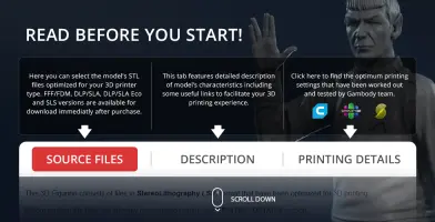 3D printed figure model of a character with a distinctive hand gesture; tab instructions displayed.