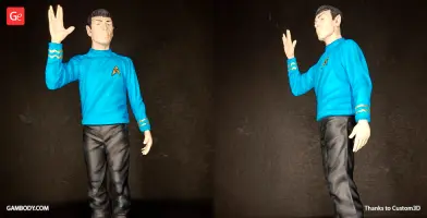 3D model of a character in a blue uniform, giving a Vulcan salute with one hand raised.