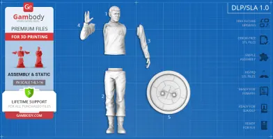 3D model parts of a standing figure with separate arms and base for printing, assembly instructions included.