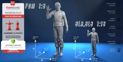 3D printable model of a figure in a uniform, with two scale sizes showing the Vulcan salute.