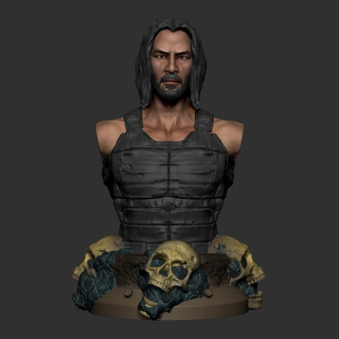 A 3D printed bust of a rugged man in tactical gear, surrounded by skulls on a base.