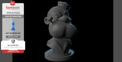3D printed bust of a cartoon sailor man with pipe and cap, ready for 3D printing.