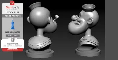 3D bust model of a cartoon sailor with a pipe and cap, shown in front and side views, for 3D printing.