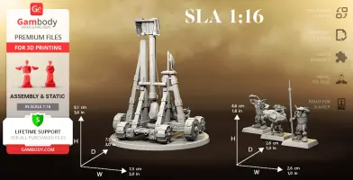 A detailed 3D model of a catapult with three armored figurines, designed for 3D printing at a 1:16 scale.