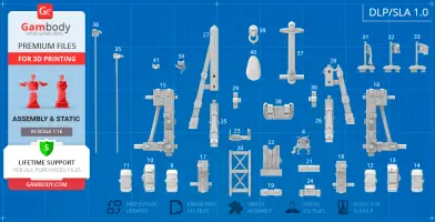 3D model components of a Greenskins Catapult, labeled and arranged on a blueprint-style background.