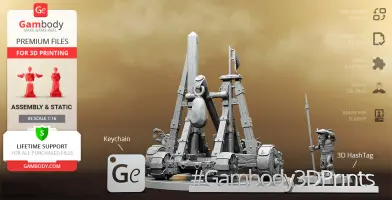 A 3D model of a fantasy-style catapult with goblin-like figures, designed for 3D printing.