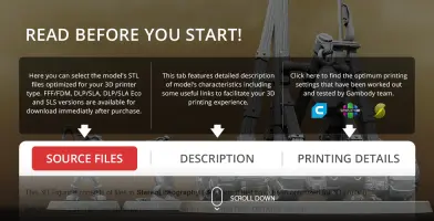 3D printing instructions for Greenskins Catapult model, featuring source files, descriptions, and printing details.