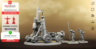 A detailed 3D-printable model of a fantasy catapult with goblin-like figures standing nearby.