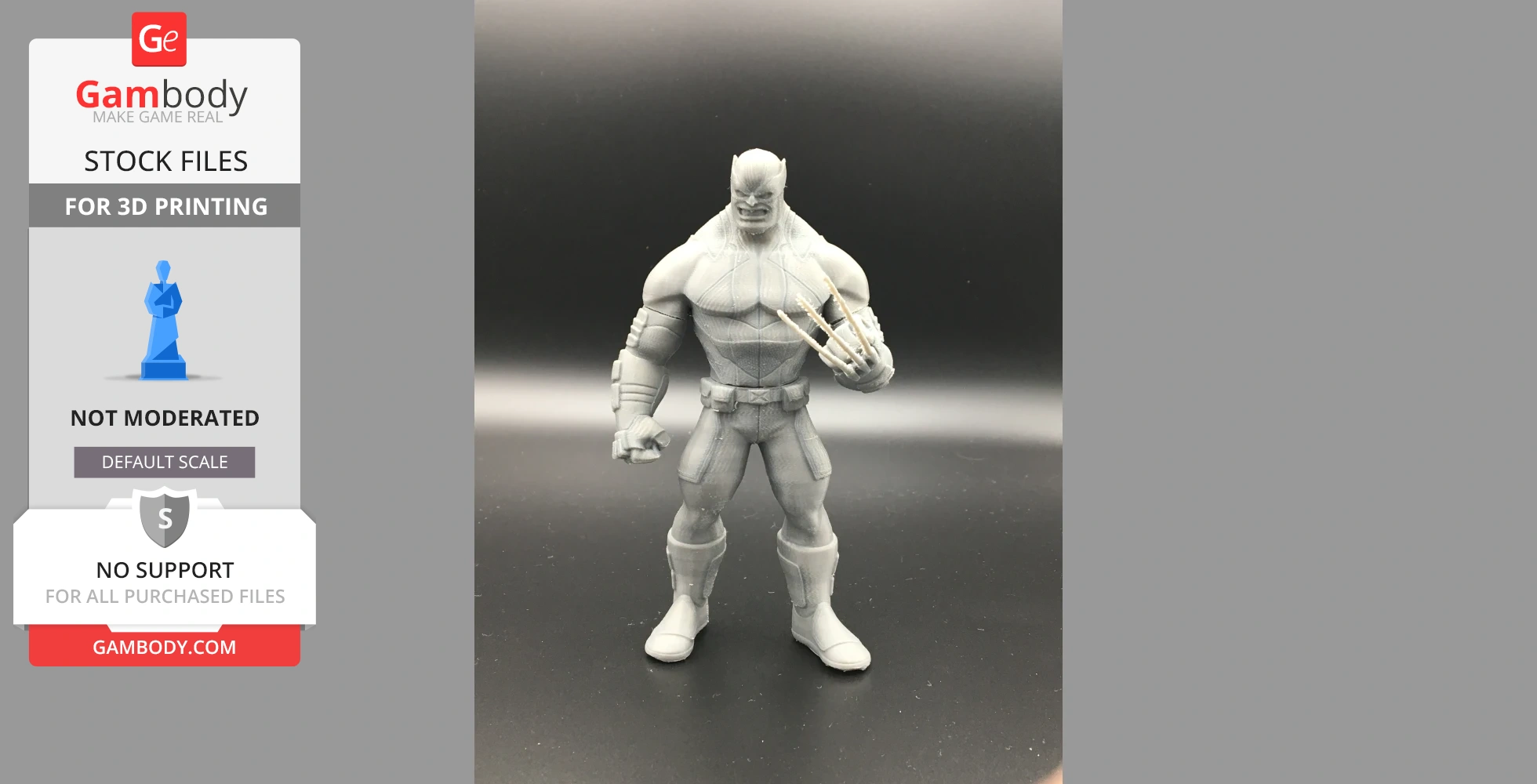 3D-printed figurine of a muscular character with claws, in a dynamic pose. Monochrome gray finish.