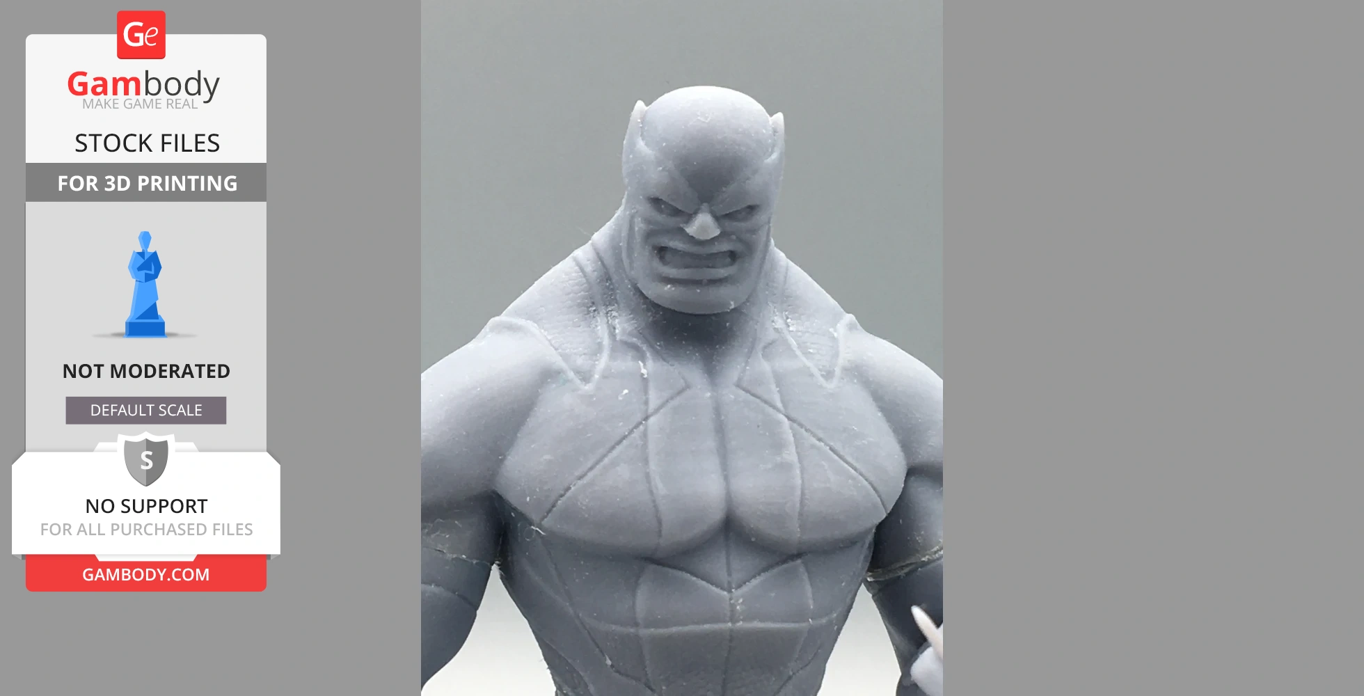 A close-up of a muscular 3D-printed figurine with an intense expression and pointed ears.