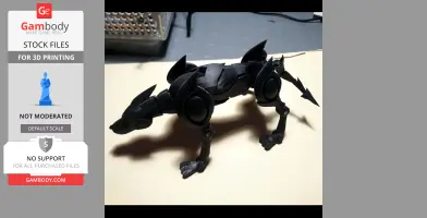 Black robotic wolf-like 3D model with angular features and articulated joints on a light background.