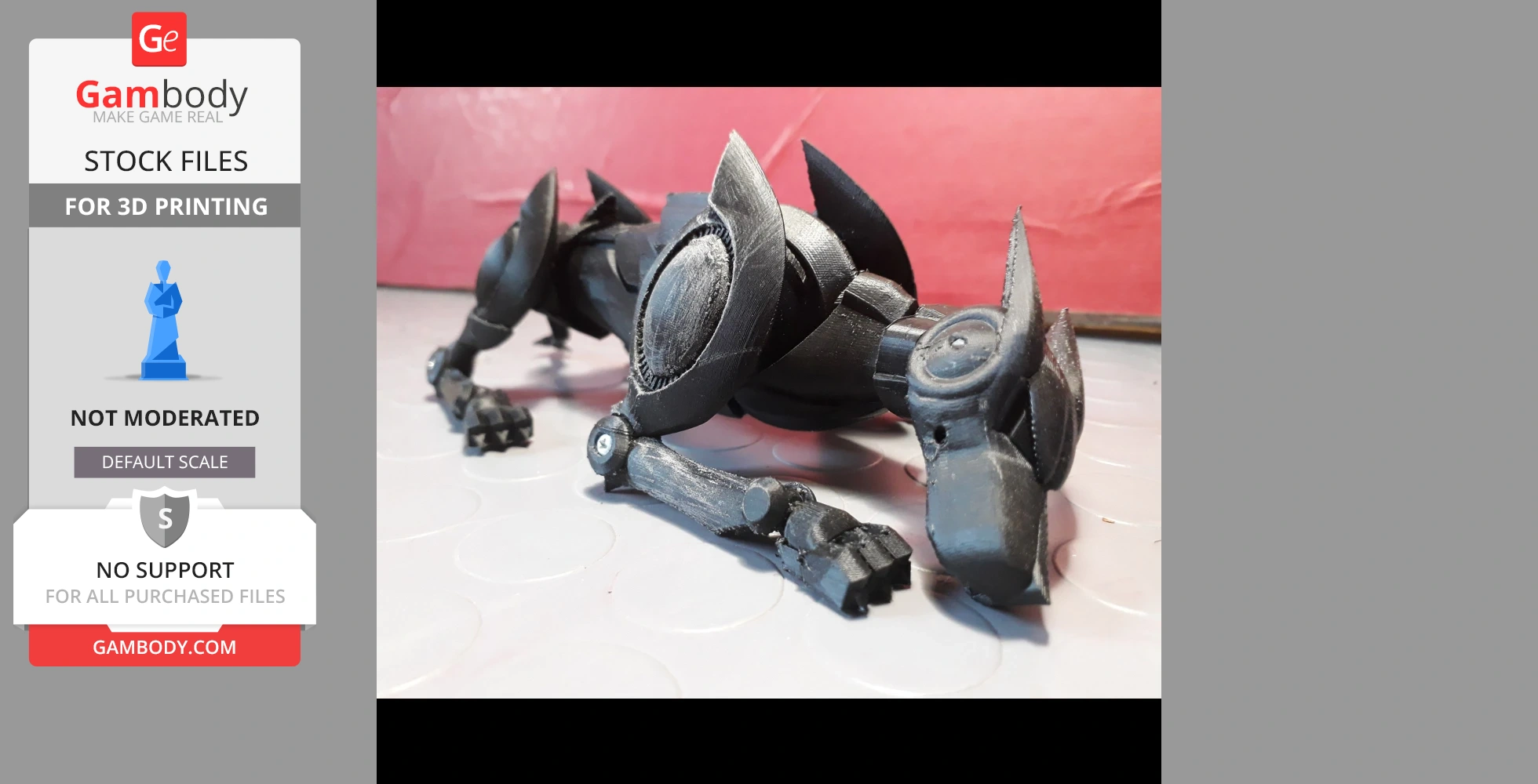 A 3D printed model of a sleek, robotic panther-like creature with angular armor plates and articulated joints.