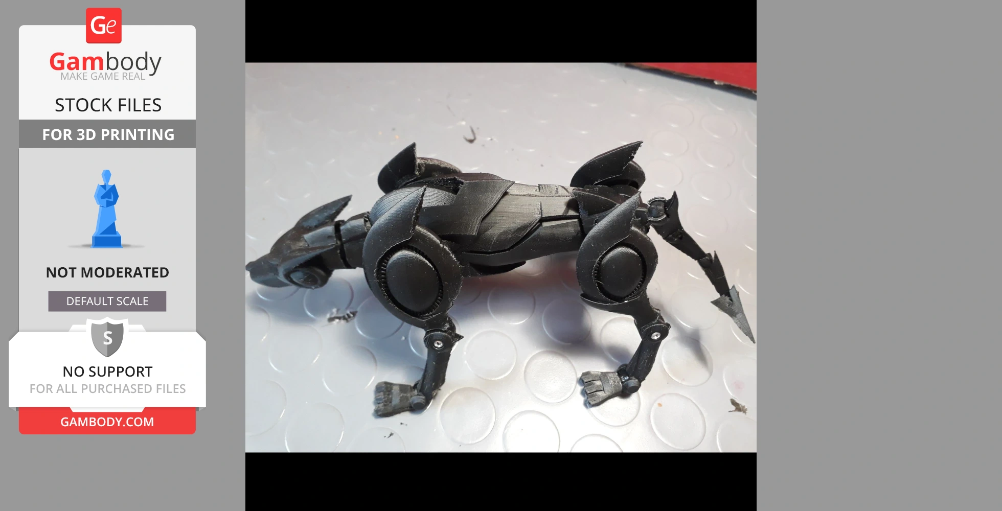 A black, mechanical dog-like 3D model with articulated limbs on a textured surface.