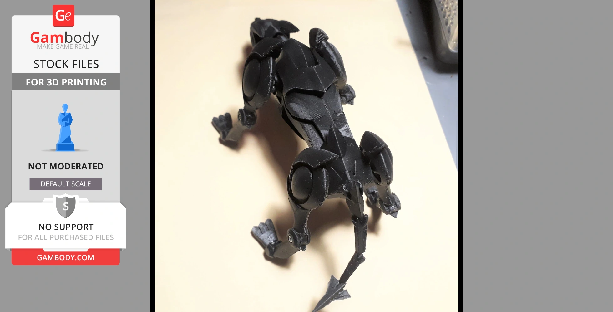 A 3D-printed, black robotic creature model, detailed with angular armor and a sleek design.