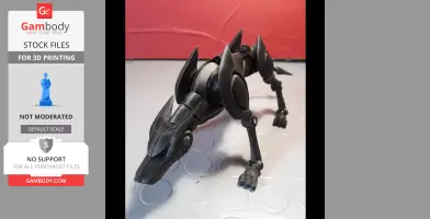 Futuristic, articulated black robotic wolf ready for 3D printing on a gray and red background.