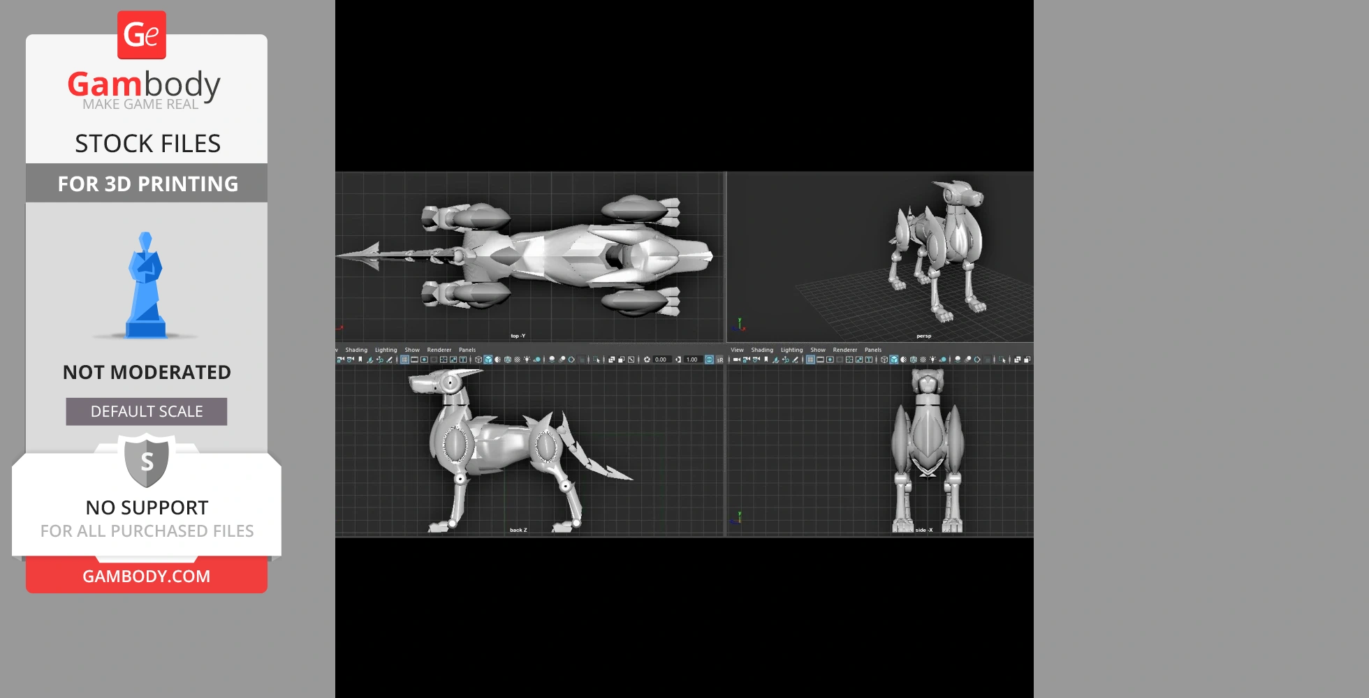 3D model of a robotic dog with multiple views for 3D printing preparation.
