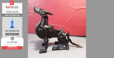 A black, robotic dog model with angular features, designed for 3D printing, displayed on a textured surface.