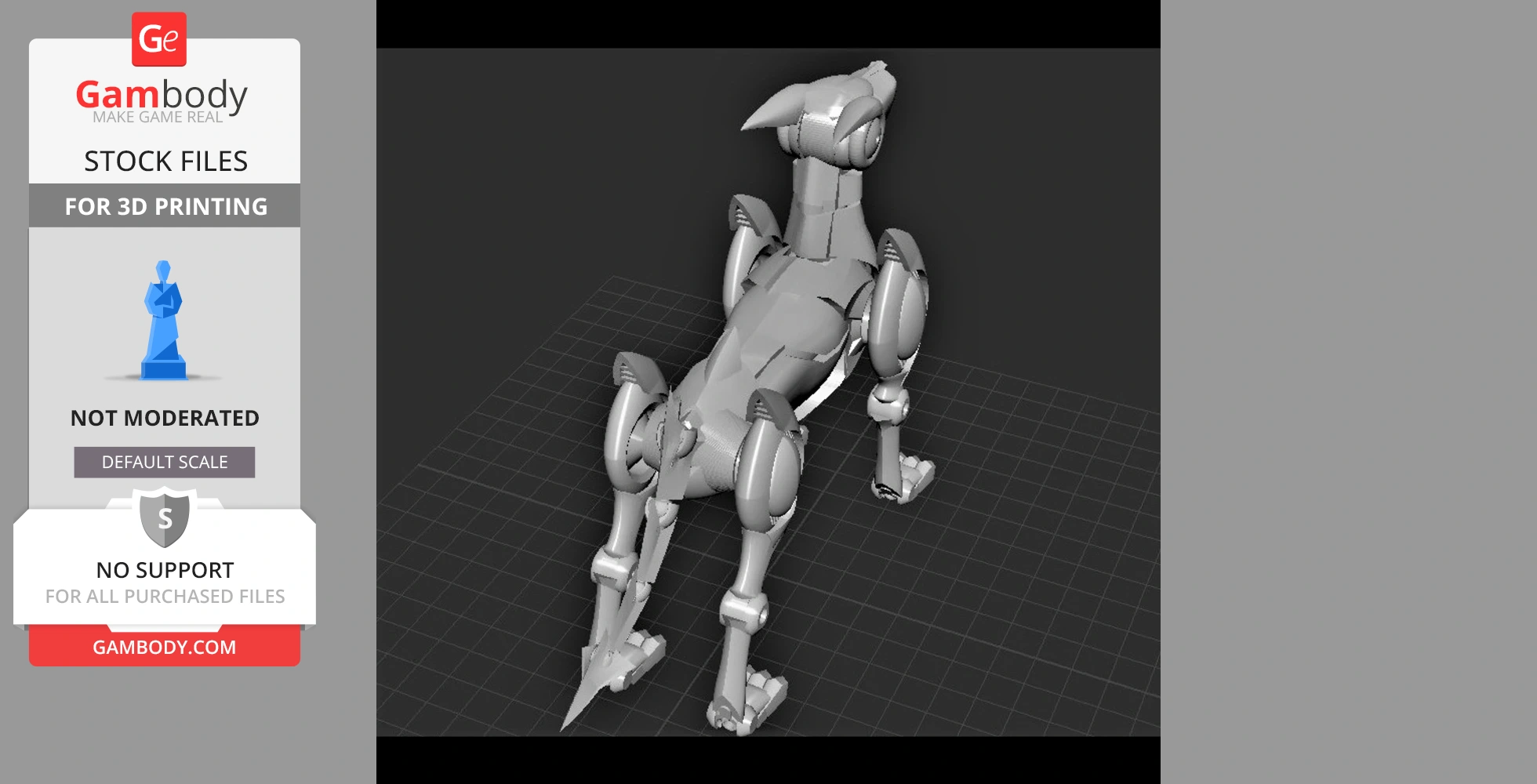 A 3D model of a robotic dog figure in a crouching position on a grid surface.