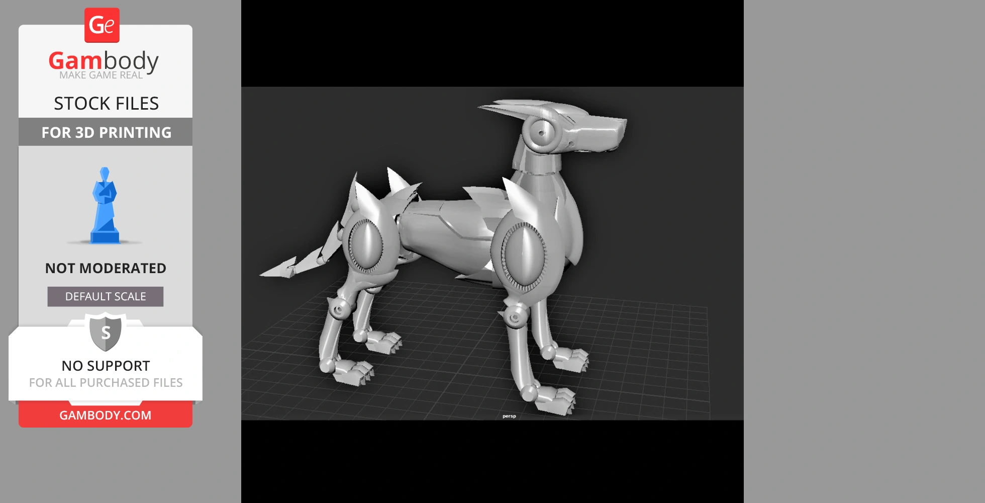 A futuristic, robotic canine model with sharp, angular features for 3D printing on Gambody.