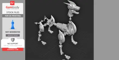 A 3D model of a robotic dog with articulated limbs and a sleek design, ready for 3D printing.
