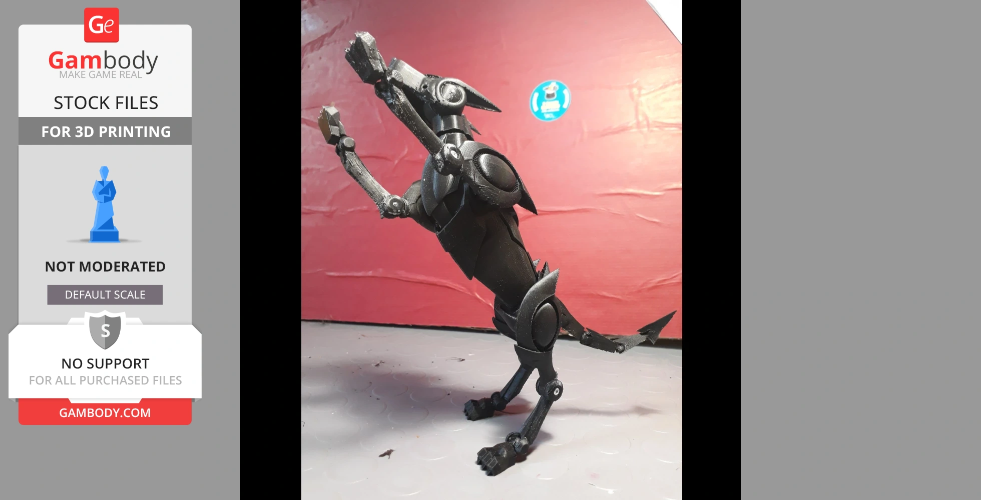 A black robotic dog model on its hind legs, set against a red background. Designed for 3D printing.