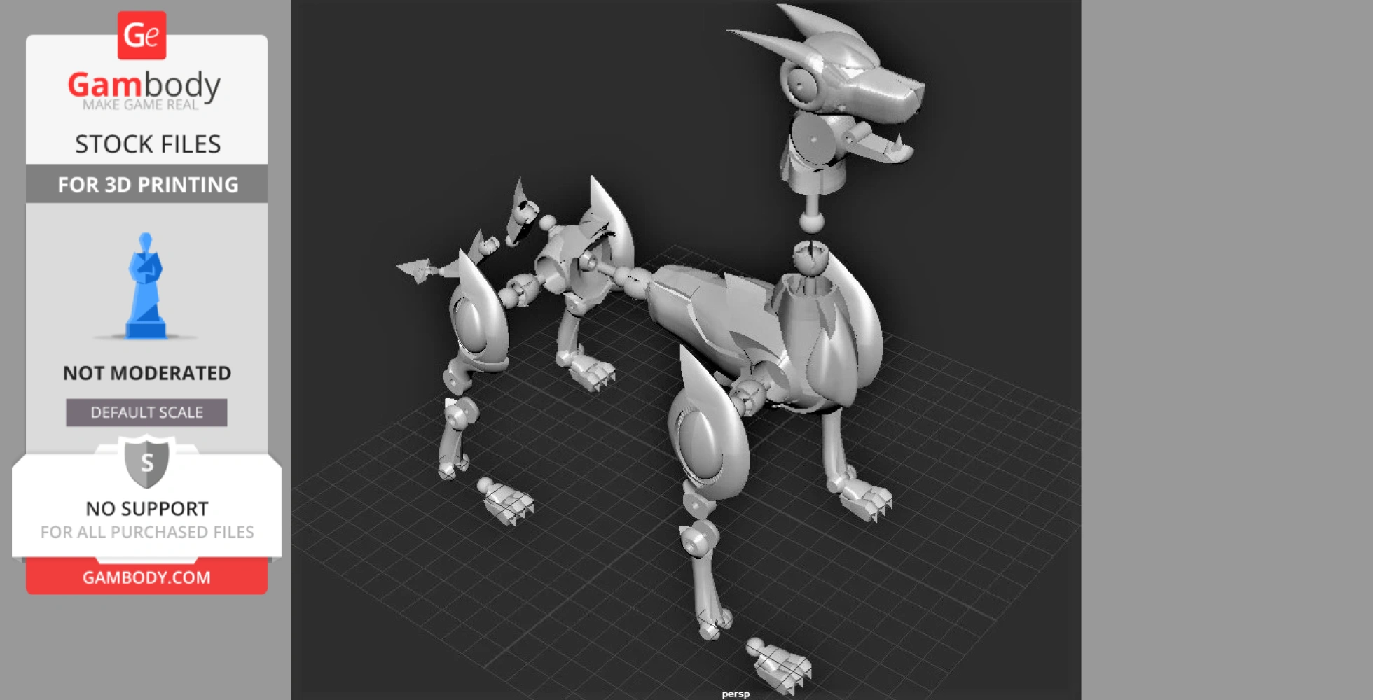 A 3D model of a robotic dog with articulated limbs and a sleek design, ready for 3D printing.