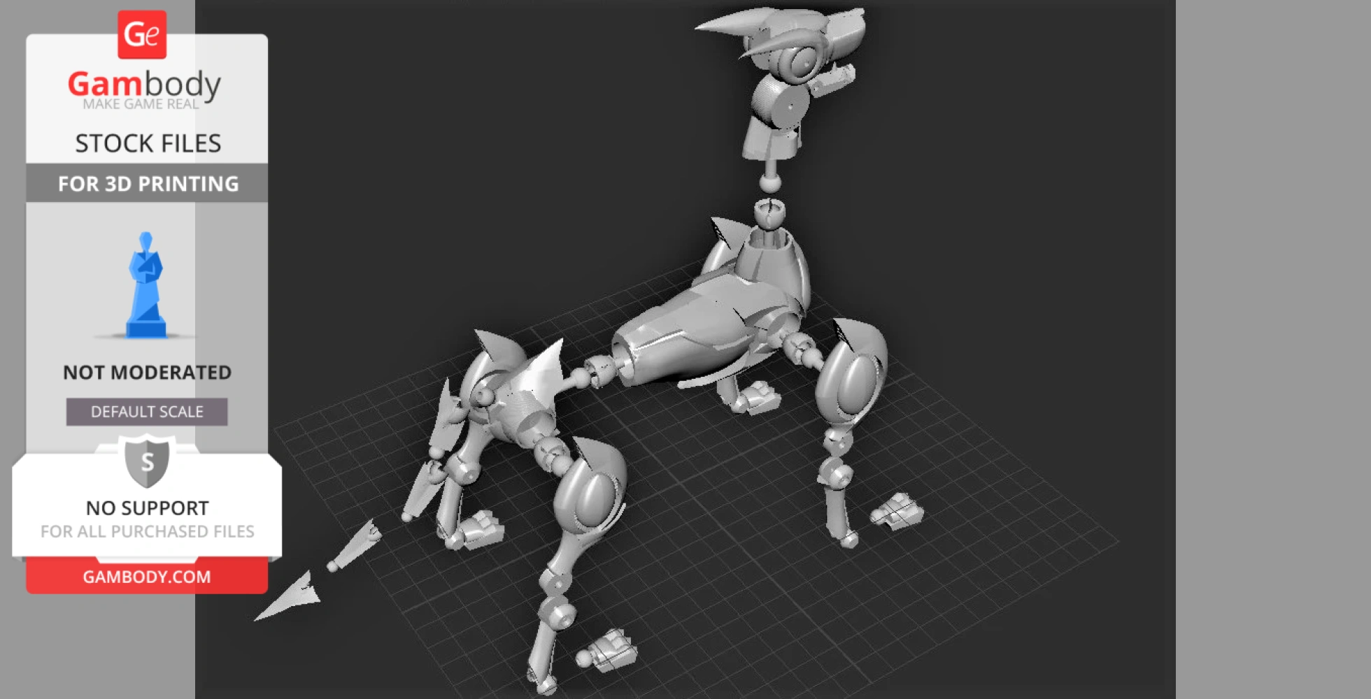 A 3D model of a robotic dog with articulated legs and a geometric design, intended for 3D printing.