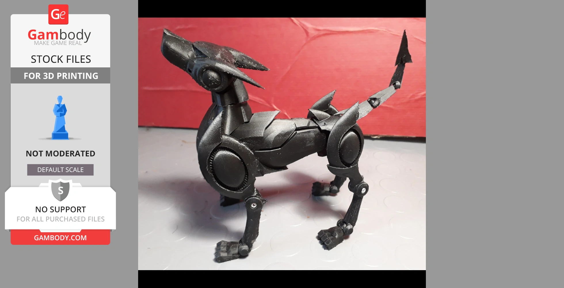 A detailed, black 3D-printed robotic dog model with angular features and a spiked tail.