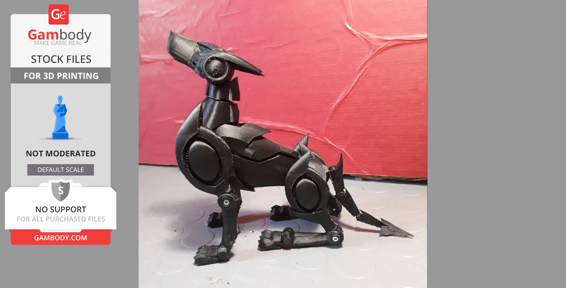 A black, robotic dog model with angular features, designed for 3D printing, displayed on a textured surface.