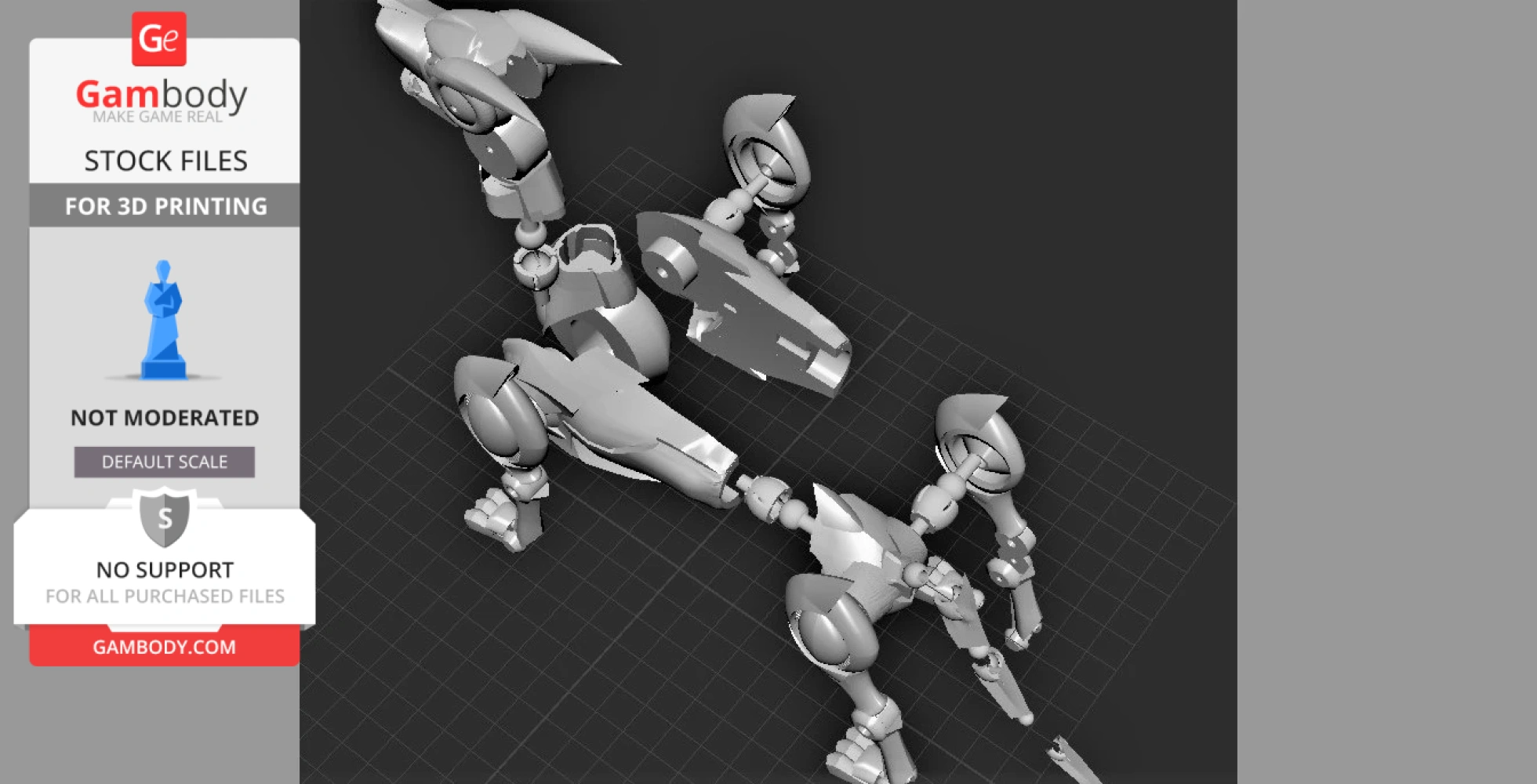 A 3D model of a robotic, canine-like figure with articulated limbs and a sleek design, viewed from above.