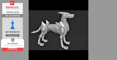 A futuristic, robotic canine model with sharp, angular features for 3D printing on Gambody.