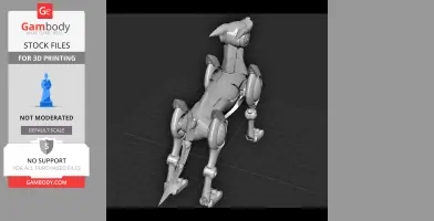A 3D model of a robotic dog figure in a crouching position on a grid surface.