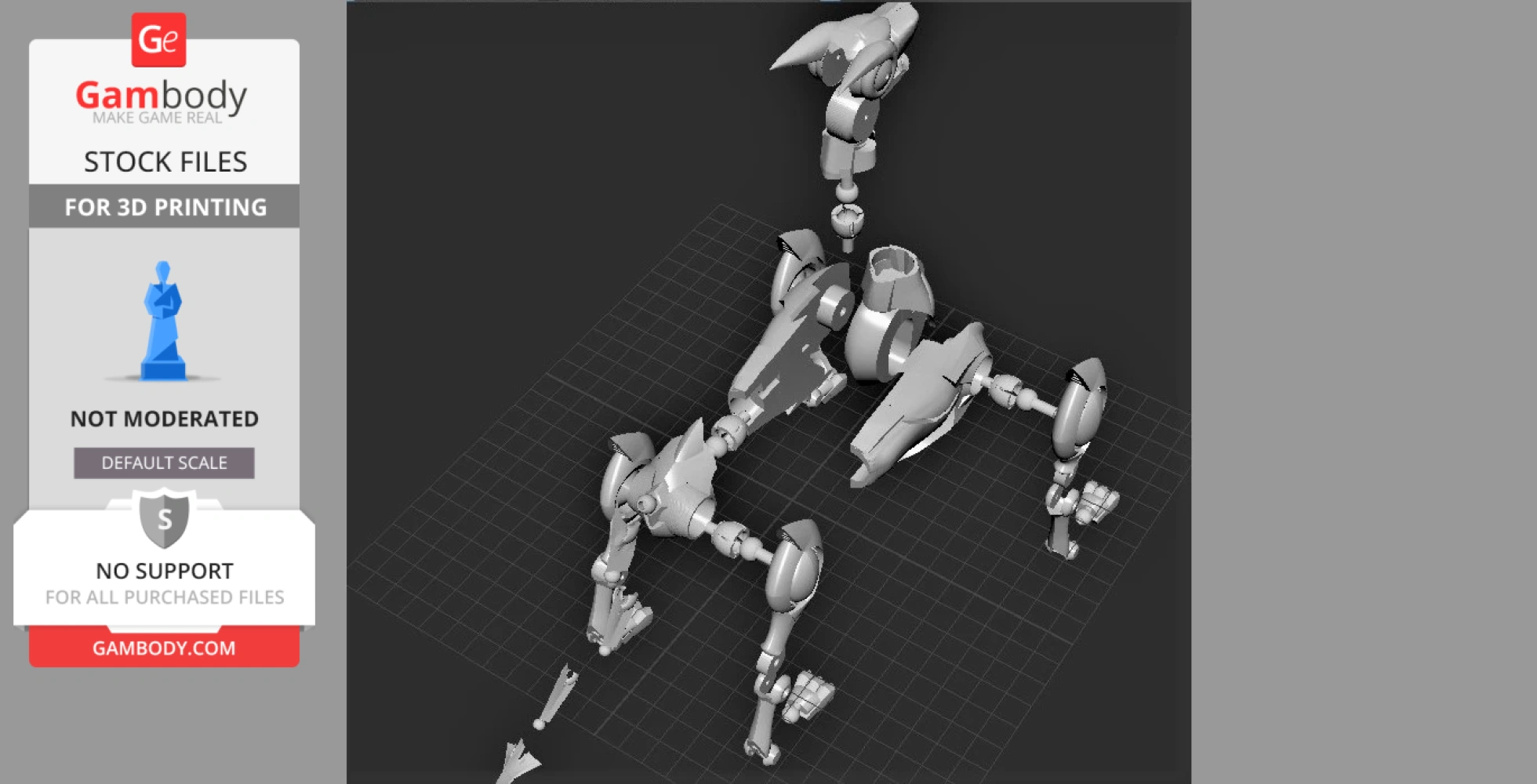 A 3D model of a segmented robotic creature, resembling an animal, for 3D printing displayed on a grid.