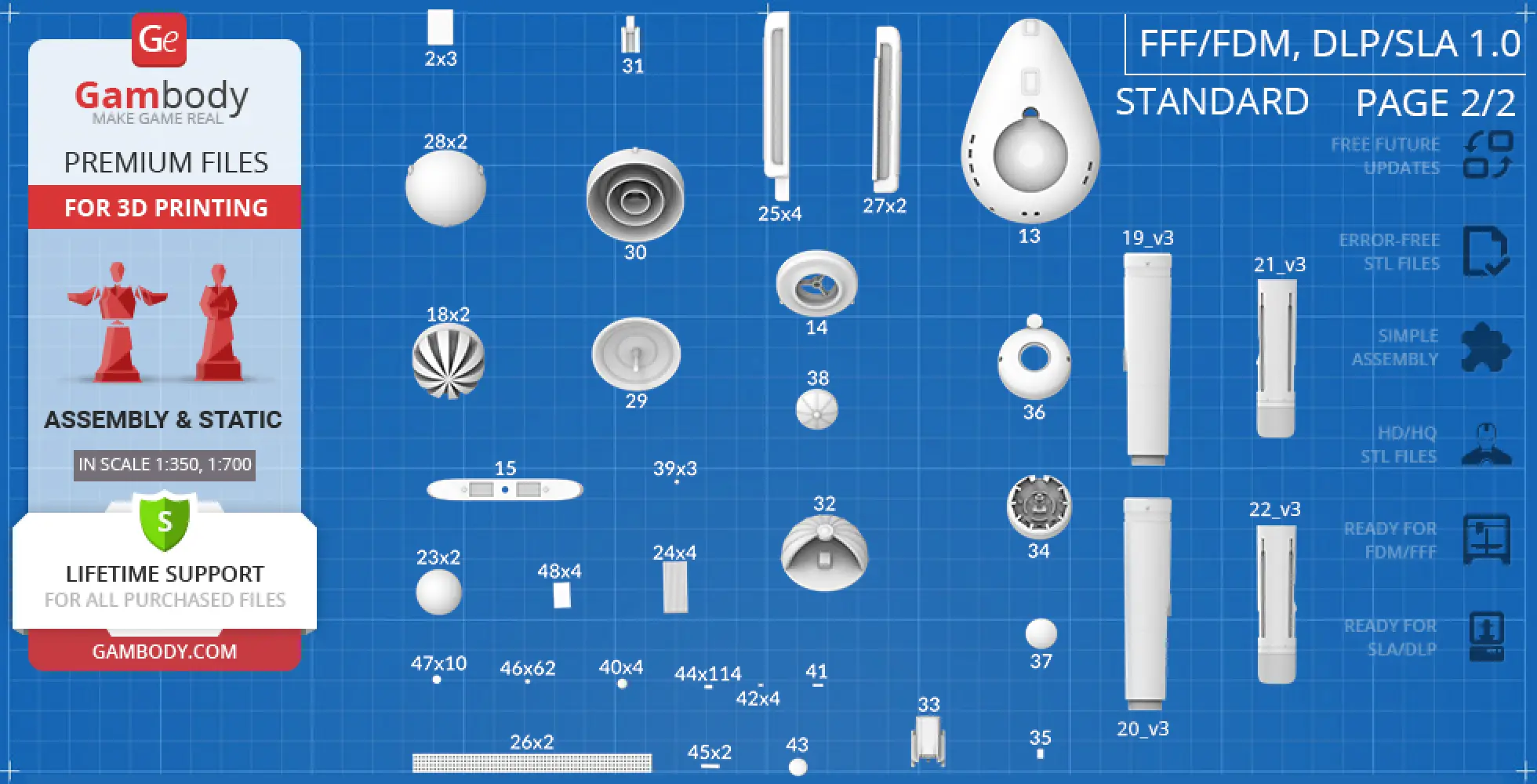 Blueprint-style guide showing various STL parts for 3D printing the USS Enterprise NCC-1701 model.