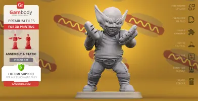 Chubby, stylized Wolverine figurine ready for 3D printing, with dynamic pose and exaggerated features.
