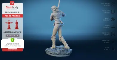 A 3D printed model of a warrior in a dynamic pose, holding a sword, standing on a rocky base.