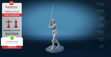 A detailed 3D model of a warrior woman holding a sword, designed for 3D printing.