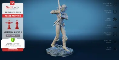 A detailed 3D-printed model of a warrior with a sword, striking a dynamic pose on rocky terrain.