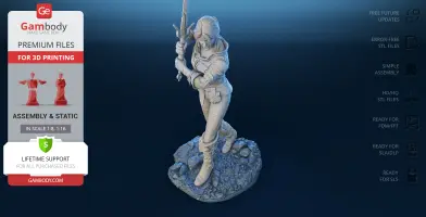A detailed 3D model of a warrior woman holding a sword, poised on a rocky base.