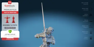 A detailed 3D model of a warrior woman holding a sword, ready for 3D printing.