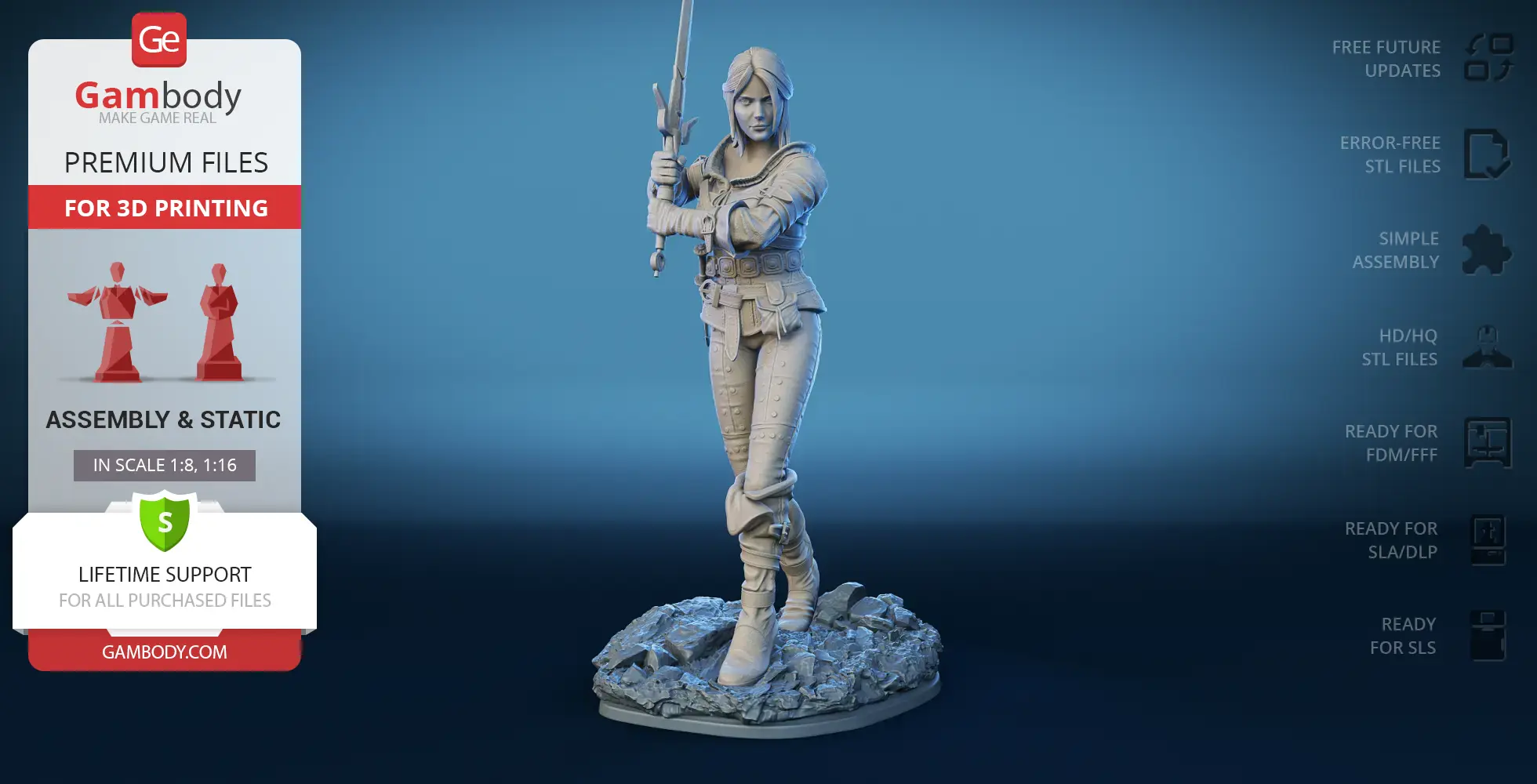 A 3D model of a warrior woman with a sword, standing on a rocky base, designed for 3D printing.
