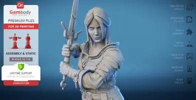 A detailed 3D model of a female warrior holding a sword, designed for 3D printing by Gambody.